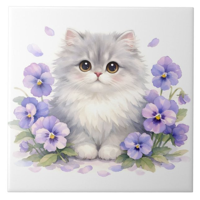 Gatinho Fofo em Aquarela com Flores de Pansy Roxas (Frente)