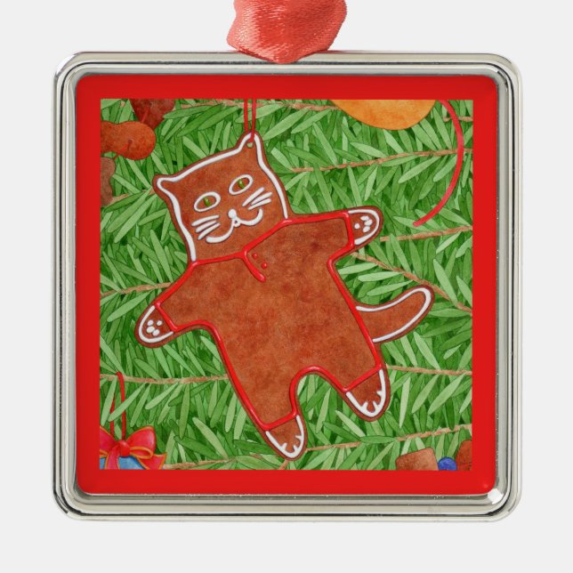 Gatinho GINGERBREAD Ornamento Quadrado Premium (Frente)