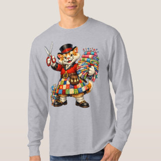 Gatinho laranja vestindo uma camiseta kilt acolcho