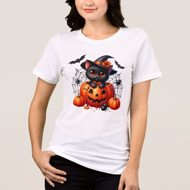 Gatinho Negro em Pumpkin de Halloween (Frente)