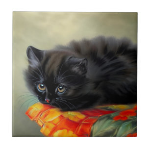 Gatinho Preto Antigo com Cobertor de Flor Vermelha