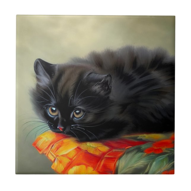 Gatinho Preto Antigo com Cobertor de Flor Vermelha (Frente)