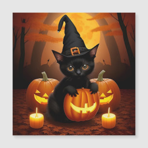 Gatinho Preto de Chapéu de Bruxa entre Abóboras de