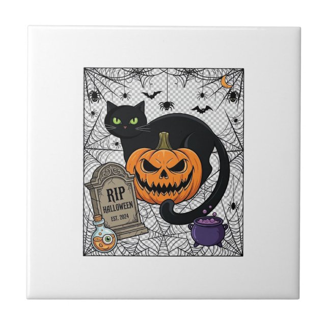 Gatinho Preto do Halloween Abóbora Lápide Caldeirã (Frente)