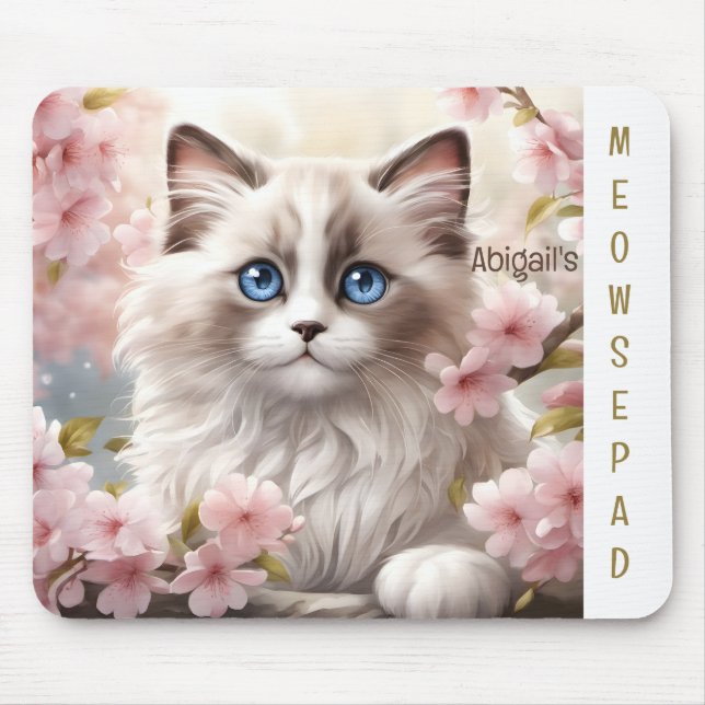 Gatinho Primavera Rosa Sakura Nome Mousepad (Frente)