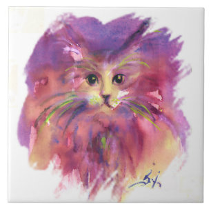 GATINHO ROXO, RETRATO DE GATO EM AZULEJO CERÂMICO
