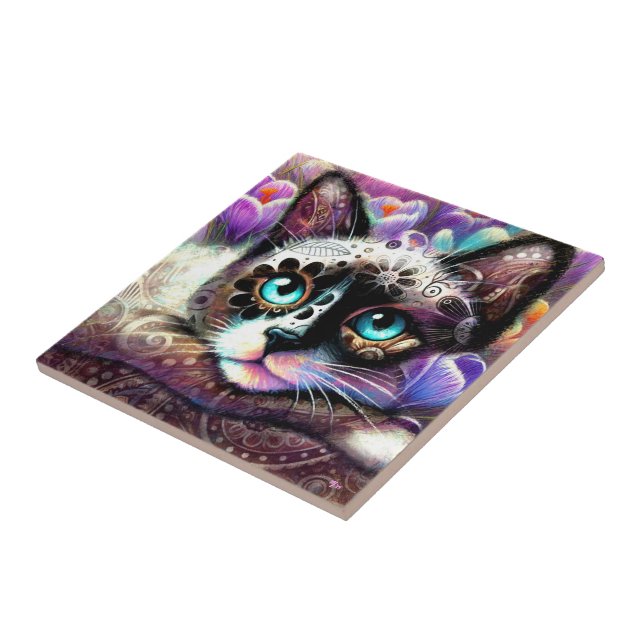 Gatinho Siamês Gato Crocus Floral Purple Teal Whit (Lateral)