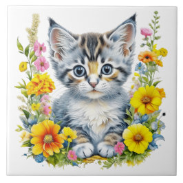 Gatinhos de aquarela em Flores Amarelas e Rosa