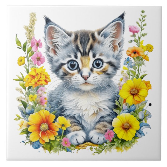 Gatinhos de aquarela em Flores Amarelas e Rosa (Frente)