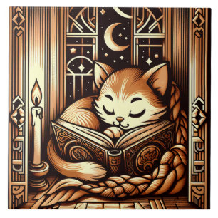 Gato Adormecido Estilo Art Déco Com Um Livro