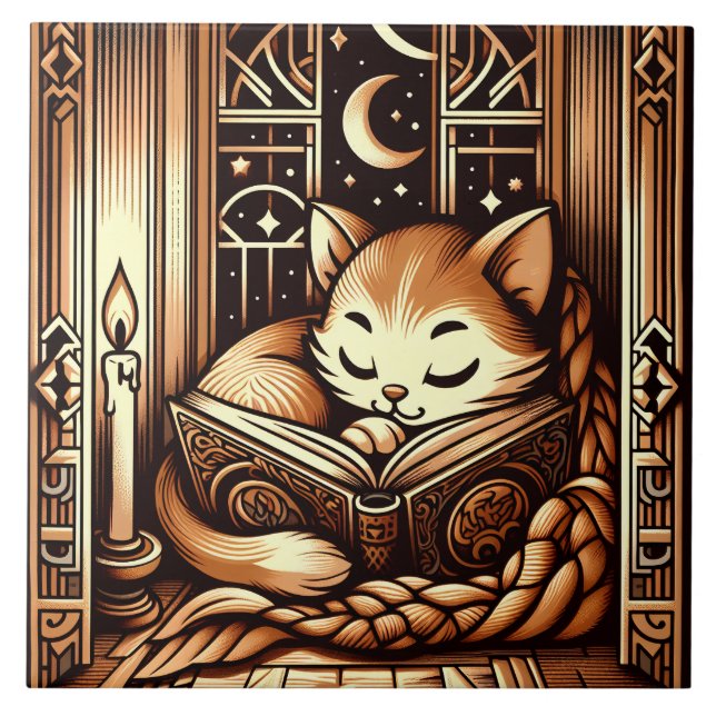 Gato Adormecido Estilo Art Déco Com Um Livro (Frente)