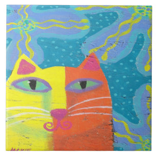 Gato Amarelo com Flores Roxas Pintura Abstrata