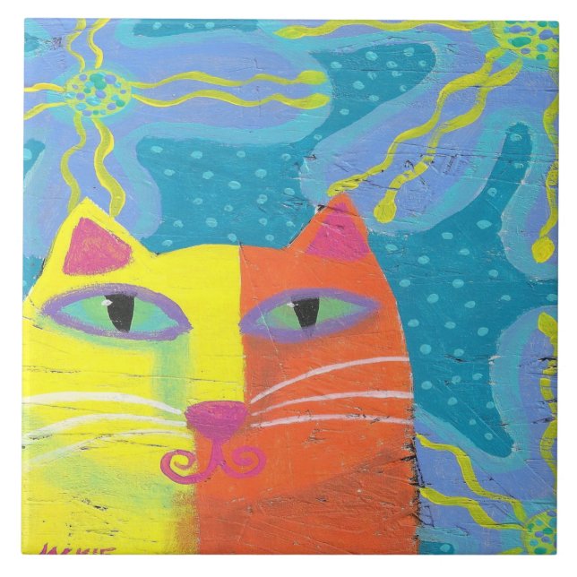 Gato Amarelo com Flores Roxas Pintura Abstrata (Frente)