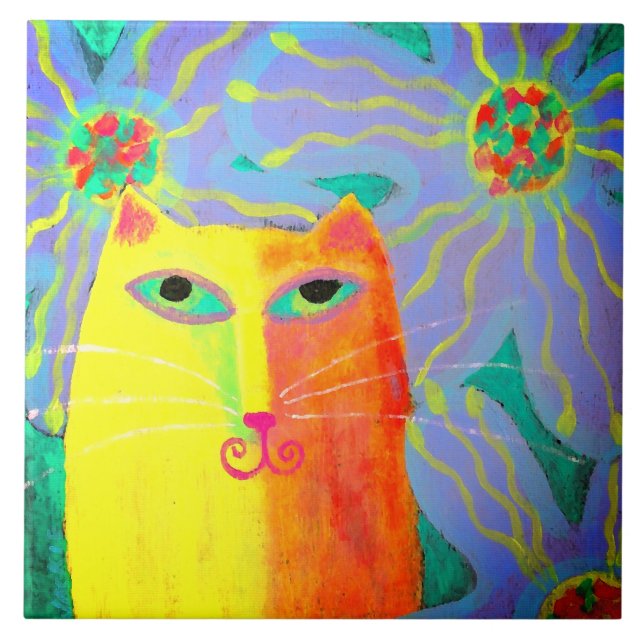 Gato Amarelo com pintura Abstrato de Flores (Frente)