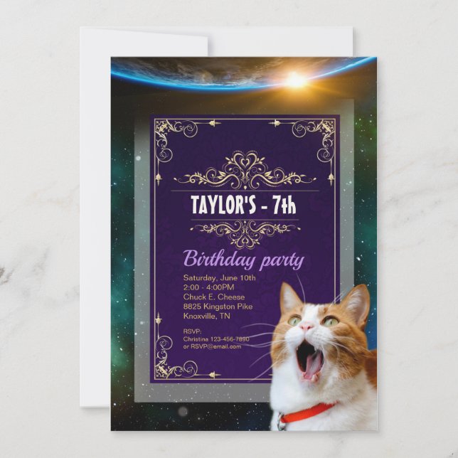 Gato Assustado No Convite De Aniversário No Espaço (Frente)