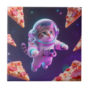 Gato Astronauta Fofo Flutuando Pizza Aventura Espa