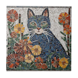 Gato Azul com Mosaico Cortado de Flores