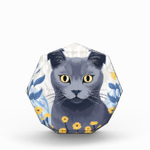 Gato Azul Russo Flores Amarelas