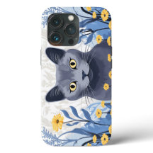 Gato Azul Russo Flores Amarelas
