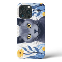 Gato Azul Russo Flores Amarelas