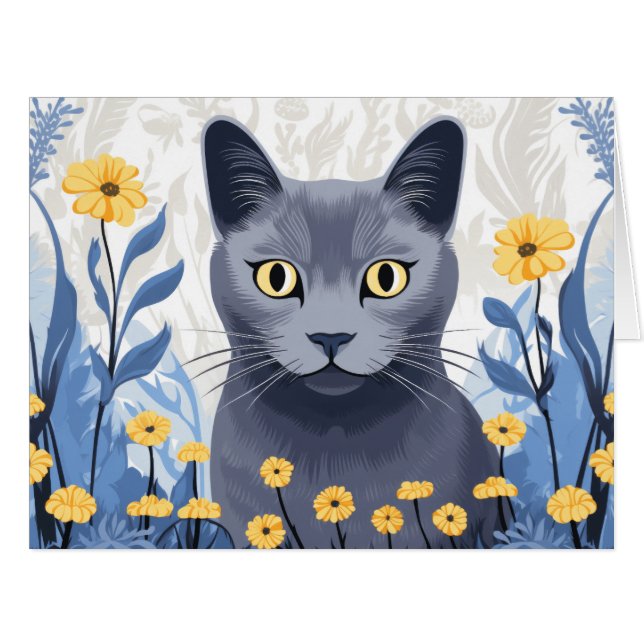 Gato Azul Russo Flores Amarelas Cartão Grande (Frente horizontal)