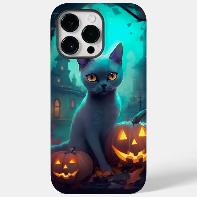 Gato Azul Russo Halloween Com Pumpkins Assustado (Verso)