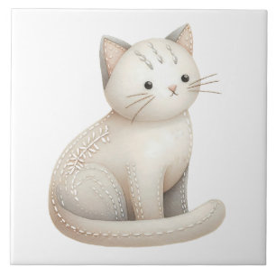 Gato Boho Azulejo Cerâmico Bordado Bege Kitty