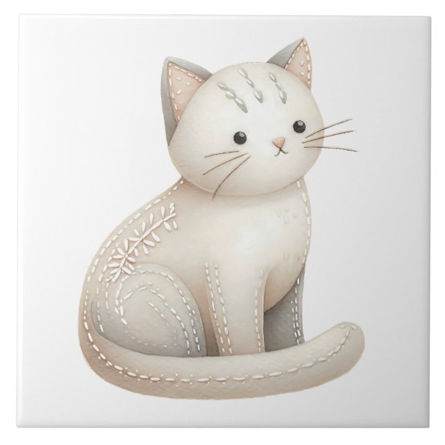 Gato Boho Azulejo Cerâmico Bordado Bege Kitty (Frente)