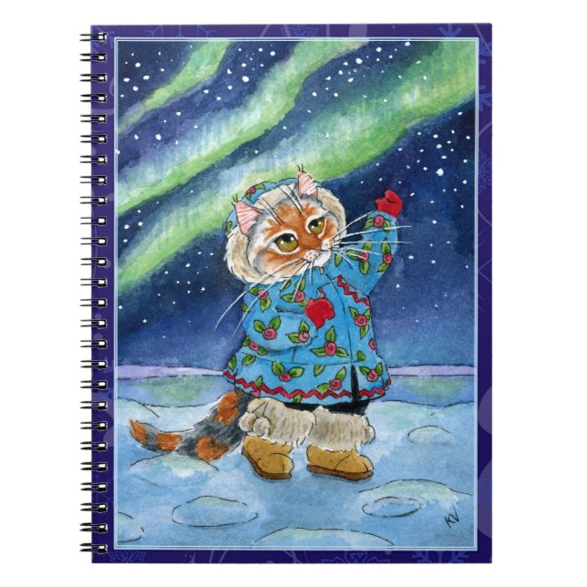 Gato bonito, aurora boreal, caderno do inverno (Frente)