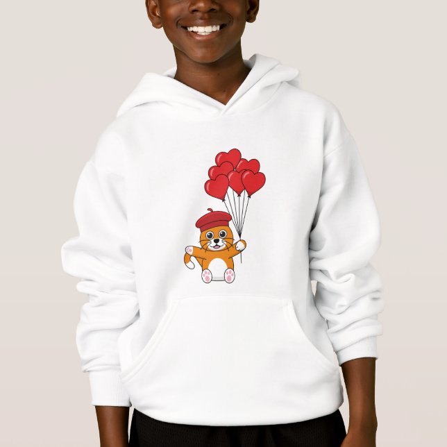 Gato Bonito com Balões de Coração Vermelho (Frente)