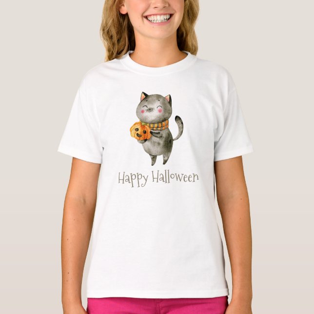 Gato Bonito de Halloween com Camisa de Tripulação  (Frente)