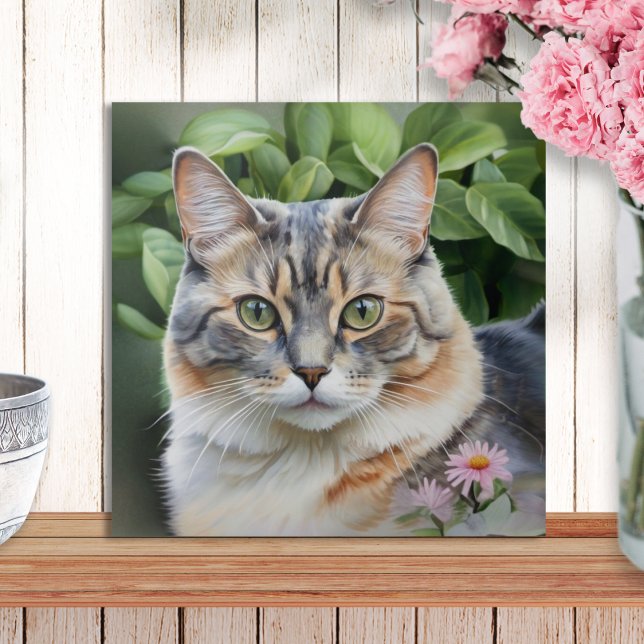 Gato Bonito Elegante De Tortoisesinferno De Tortoi (A decorative ceramic wall tile with picture of a dilute tortoiseshell cat in a garden with flowers)