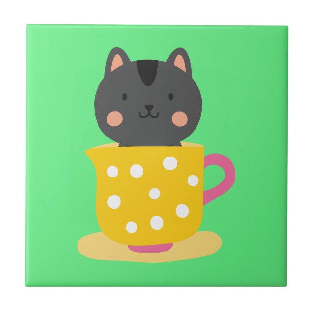 Gato bonito na caricatura do teacup na menta (Frente)