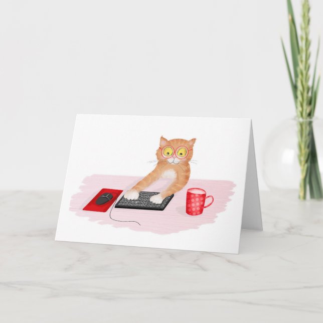 Gato bonito navegando na internet em um cartão de  (Frente)