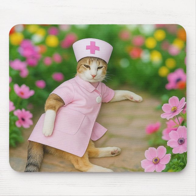 Gato Bonito no Mousepad Uniforme Enfermeiro Rosa (Frente)