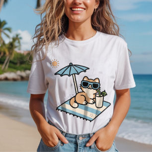 Gato bonito relaxando sob guarda-chuva de praia, V