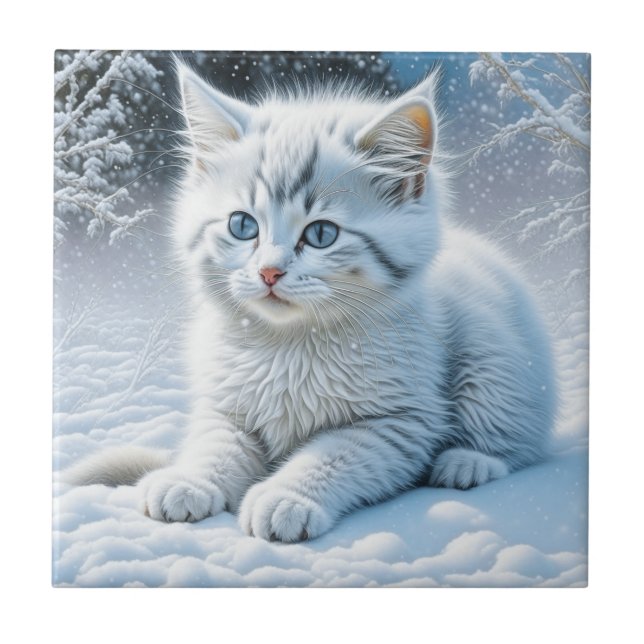 Gato Branco Bonito Brincando na Neve (Frente)