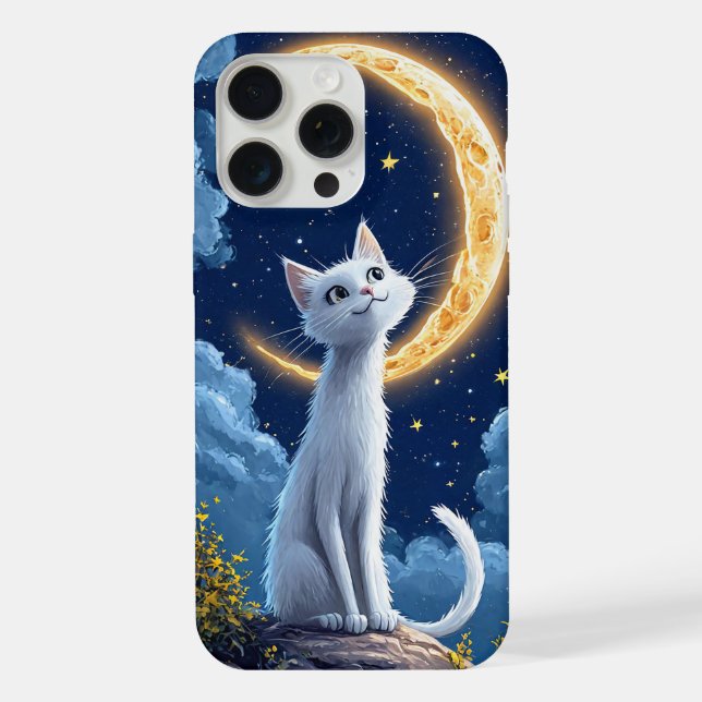Gato Branco Caprichoso Admirando uma Lua Brilhante (Verso)