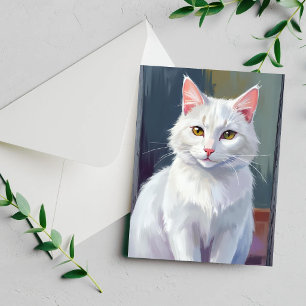 Gato Branco Cartão de Pintura de Gato de Aquarel