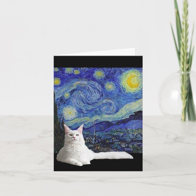 Gato Branco com Cartão de Noite Estrelado Van Gogh (Frente)