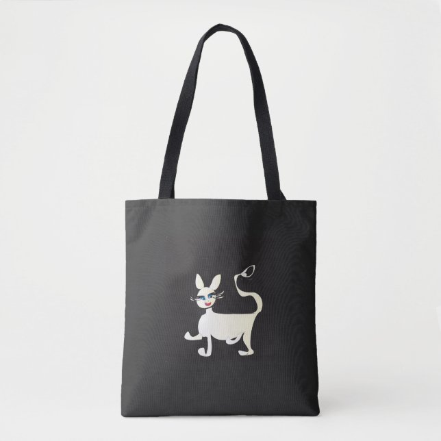 Gato Branco com Maqueamento no Saco Tote Preto (Frente)