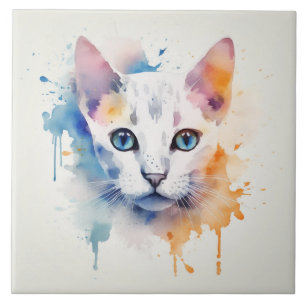 Gato Branco com Olhos Azuis - Aquarela