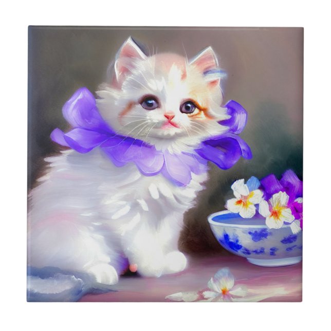 Gato branco com pintura de colarinho de flores rox (Frente)
