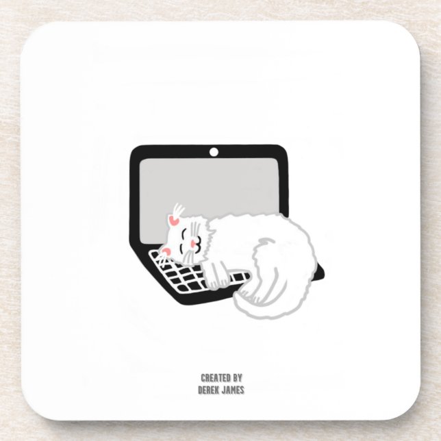 Gato Branco Dormindo no Duro do Laptop Porta copos (Frente)