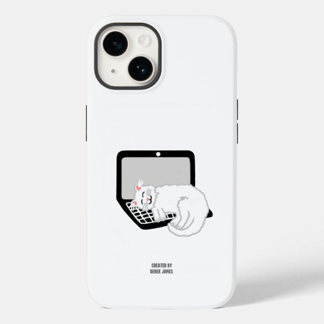 Gato Branco Dormindo no Laptop Apple iPhone 14 Cas (Verso)