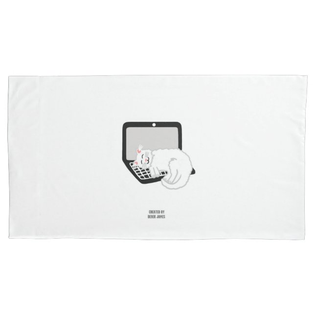 Gato Branco Dormindo no Laptop King Size Pillowcas (Frente)
