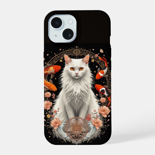 Gato Branco Elegante com Peixes Koi e Flores de Ló (Verso)