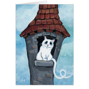 Gato branco em um cartão da torre do conto de