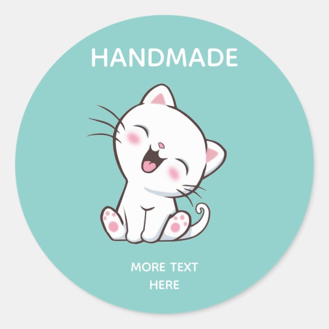 Gato Branco Fofo em Adesivos de Texto Azul Claro F (Frente)