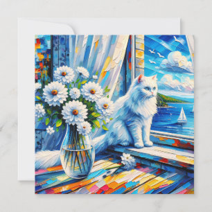 Gato Branco na Janela ainda olhando para o Oceano